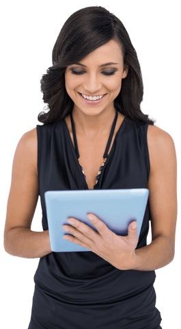 Smiling woman typing on tablet against transparent background