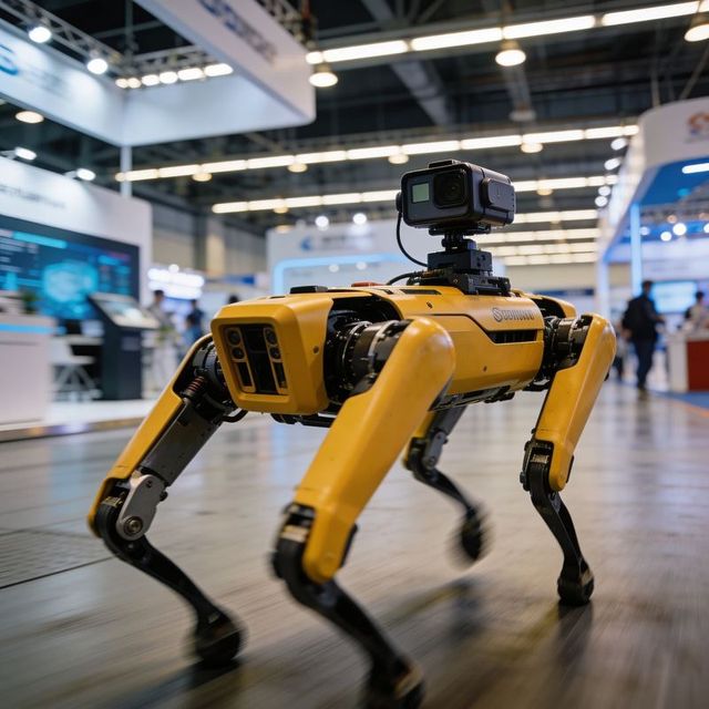 Walking yellow quadruped inspection robot with mounted action camera at tech trade show
