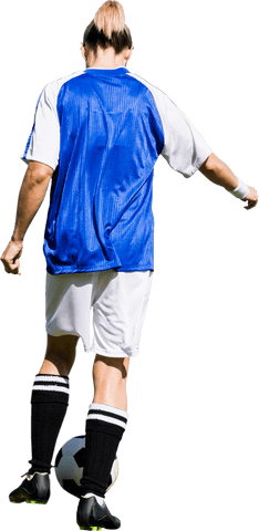 Caucasian female footballer balancing soccer ball on transparent background