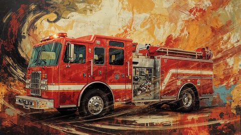 Vibrant fire truck against fiery abstract background