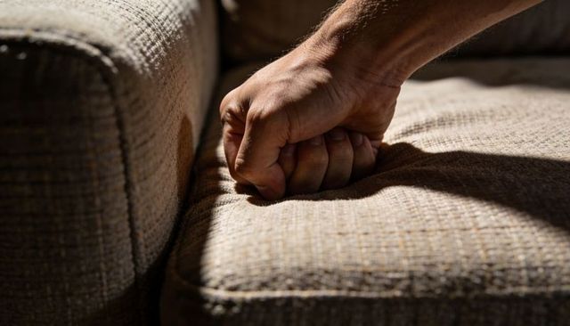 Clenched fist pressing into beige upholstered sofa cushion closeup texture and shadow