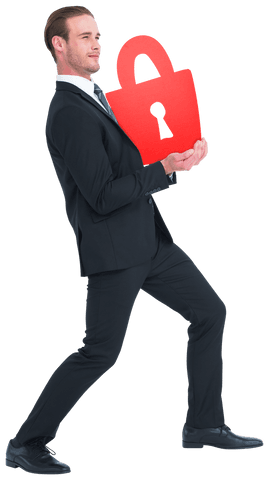 Confident Businessman Carrying Red Padlock on Transparent Background