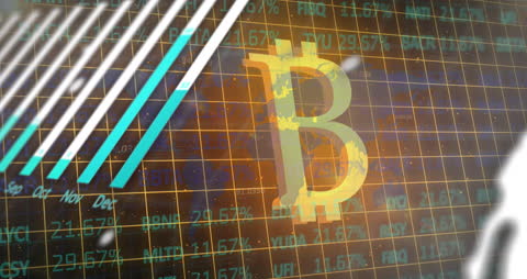 Bitcoin Symbol Over Financial Data and Grid Background