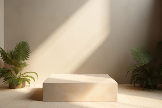 Minimalist Interior with Pedestal and Sunlit Plants - Download Free Stock Images Pikwizard.com