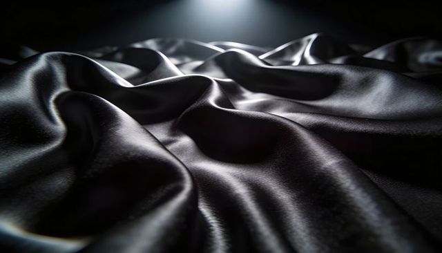Black satin flowing in glossy waves with spotlight highlights for luxury backgrounds