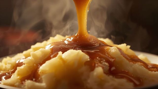 Pouring rich brown gravy over creamy mashed potatoes cozy comfort food