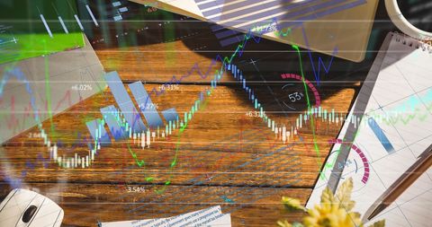 Financial analytics data overlay on office desk