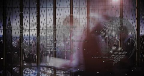 Global network map pulsing across glass facade with urban skyline reflections and light flares