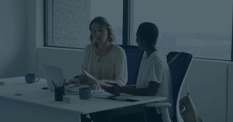 Female Colleagues Collaborating Over Laptop and Documents in Modern Office Meeting