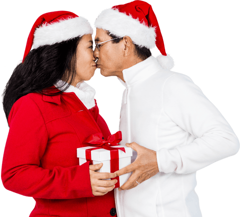 Transparent Senior Couple Kissing with Christmas Gift