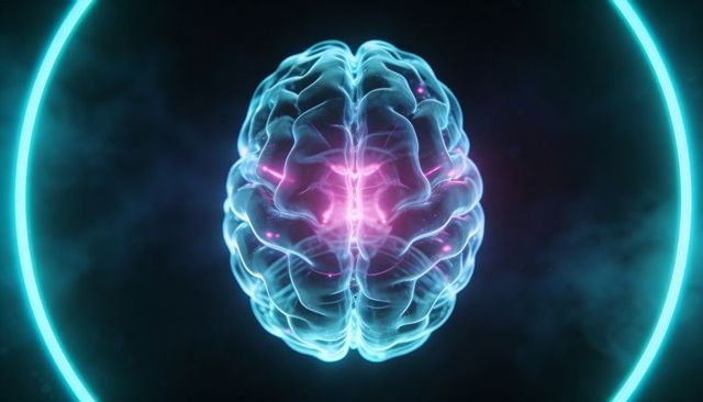 Glowing translucent 3d brain framed by neon cyan ring and magenta neural glow