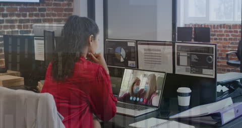 Woman Conducting Video Conference Meeting Amid Digital Analytics
