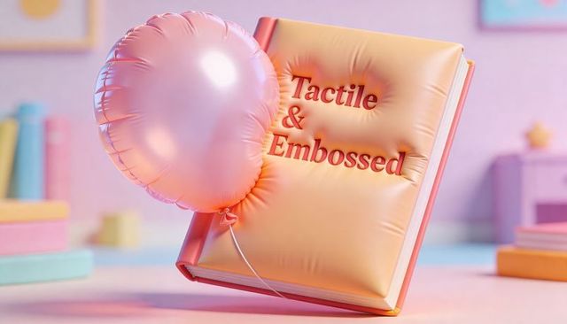 Pastel padded book with embossed typography and floating pink balloon tactile mockup