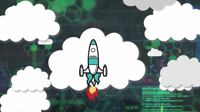 Rocket launching through clouds, symbolizing growth and progress, with financial graphs and technical data in background. Useful for representing business growth, technology advancements, startups, and financial data visualization.