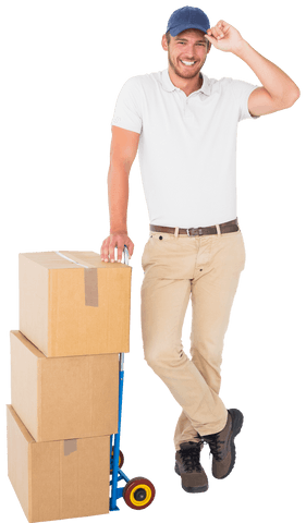 Transparent background happy delivery man with boxes