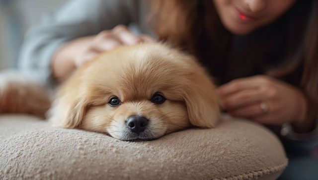 Fluffy pomeranian puppy resting on plush cushion while owner gently strokes for comfort