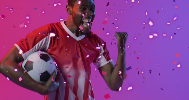 Image of confetti falling over african american footballer celebrating. Sports, competition, winning and celebration concept digitally generated image.
