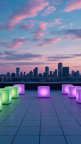 Vertical rooftop lounge video showing glowing LED cubes on terrace with city skyline at dusk