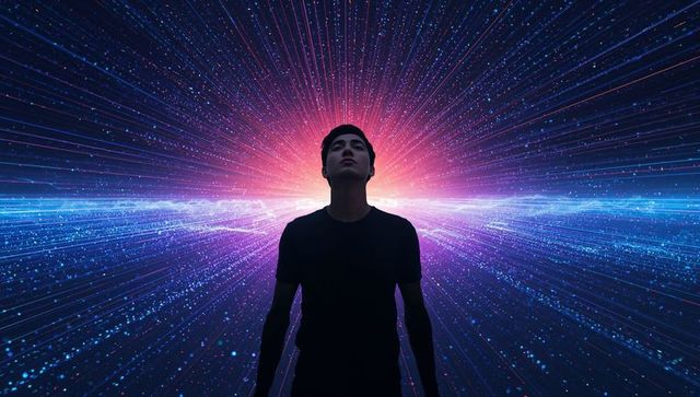 Standing silhouette at neon cyberspace burst with radial data band and glowing horizon