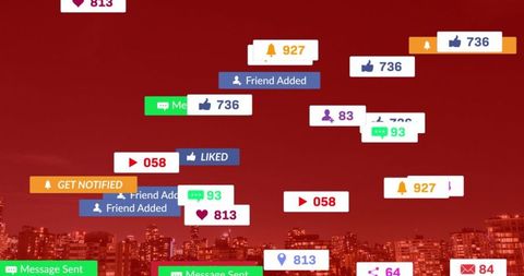 Social media notifications over cityscape illustration