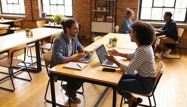 Young professionals collaborating in bright brick loft coworking space with laptops