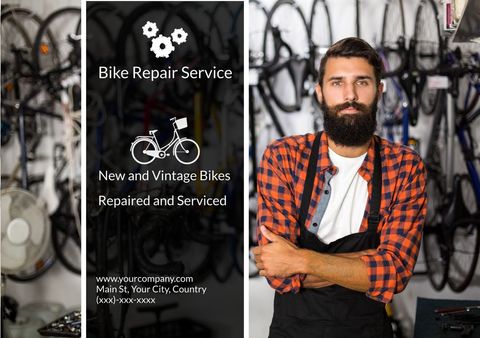 confident bicycle mechanic in workshop promoting repair services - Download Free Stock Templates Pikwizard.com
