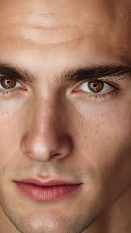 Vertical close-up man blinking, shifting gaze and turning head in soft neutral portrait