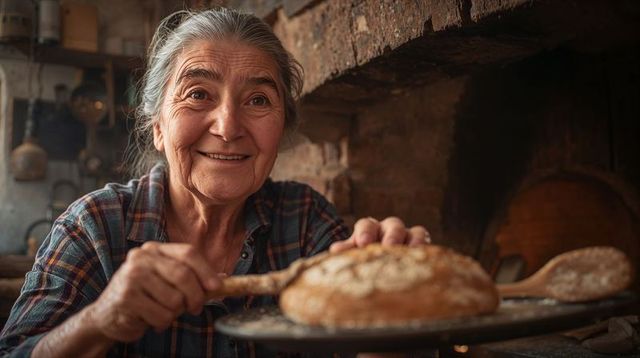 Senior woman smiling and presenting rustic seeded loaf beside wood-fired oven in farmhouse kitchen