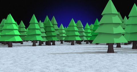 Geometric Green Pine Trees on Winter Landscape with Blue Sky
