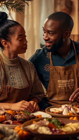 Couple carving garlic and sharing warm festive meal, smiling and connecting