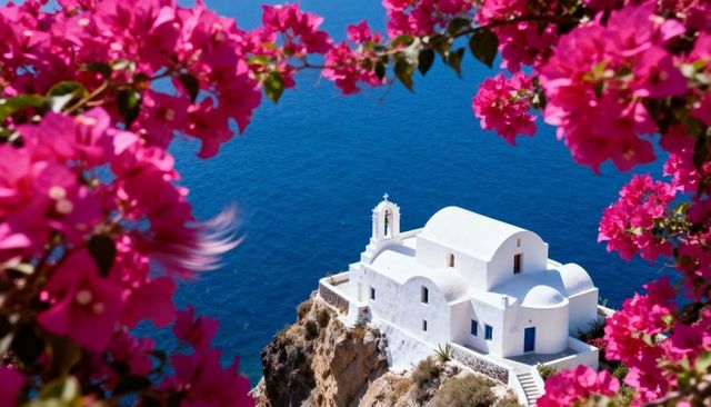 Santorini clifftop chapel framed by vibrant bougainvillea overlooking aegean sea