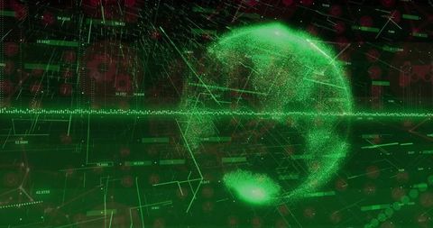 Neon Green Holographic Particle Globe Visualizing Global Data Streams in 3D Interface