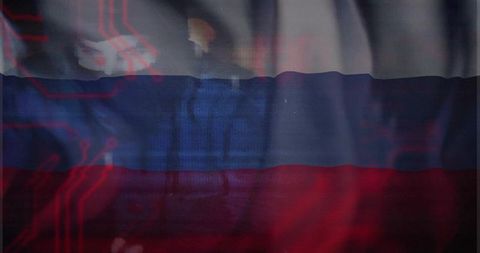 Translucent tricolor flag flowing over digital circuitry with fabric folds and glow
