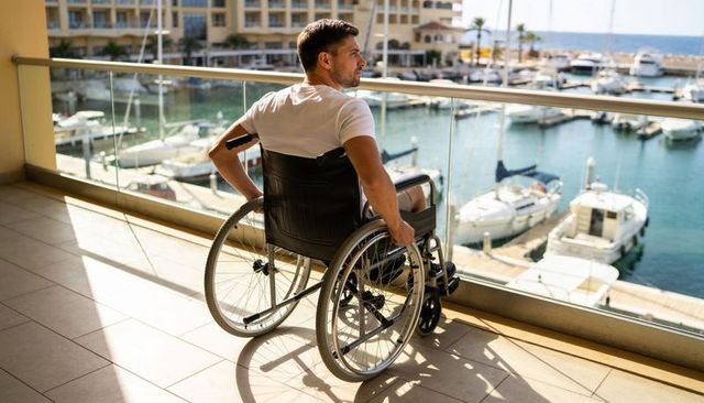 Man in wheelchair overlooking marina from sunny balcony, waterfront accessibility lifestyle