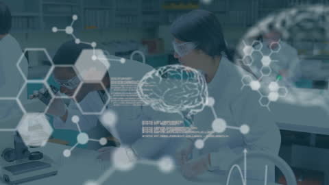 Scientists Working in Lab with Digital Brain Interface Overlay