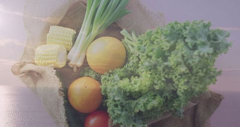Burlap sack with fresh vegetables by calm water