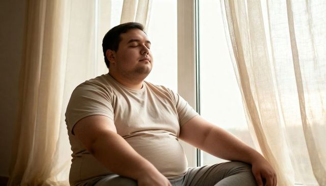 Young man meditating by sunlit window with sheer curtains, calming home interior