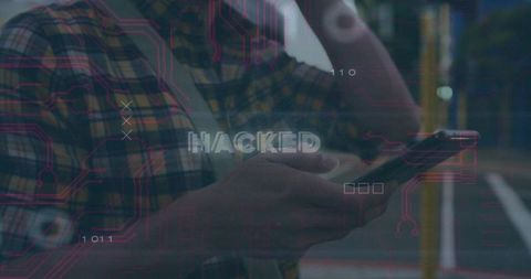 Hacked alert overlay on smartphone man holding and checking phone on urban night street