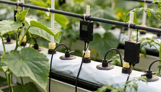 Hydroponic drip irrigation system with sensors monitoring nutrient delivery in greenhouse