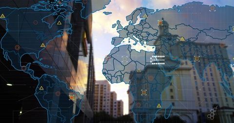 Futuristic Urban Data Visualization with World Map Overlay