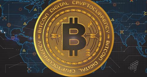 Bitcoin Symbol Over Digital Interface with World Map and Data Points - Download Free Stock Images Pikwizard.com