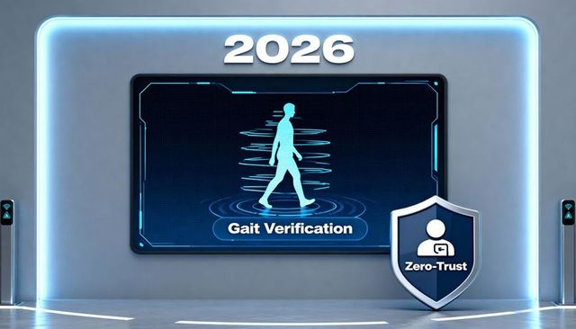 2026 gait verification lobby featuring zero-trust shield and futuristic biometric access