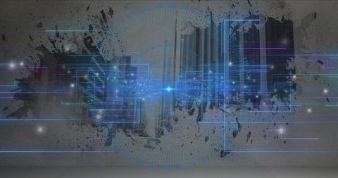 Neon blue data core pulsing, sending horizontal streams with holographic circuitry glow