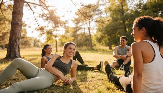 Friends resting after outdoor workout at sunset chatting and stretching on park grass