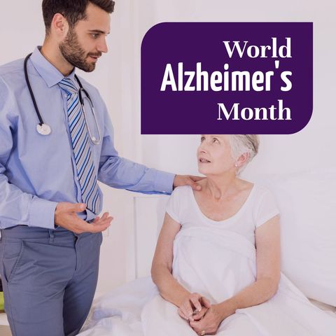 Doctor supporting senior woman for alzheimer's awareness