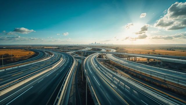 Weaving Curving Highway Interchange with Light Trails Leading to Distant Skyline