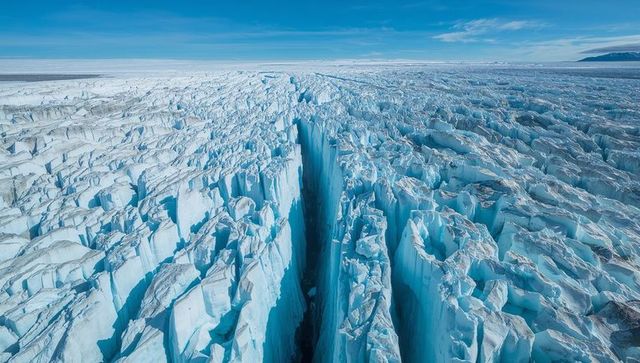 Aerial stretching crevasse cutting polar glacier toward distant horizon with jagged seracs