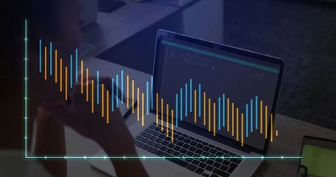 Woman reviewing code on laptop with data visualization overlay and vertical bar chart