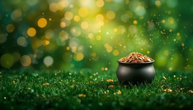 Pot of gold resting on sunlit grass with sparkling bokeh for st patrick's day