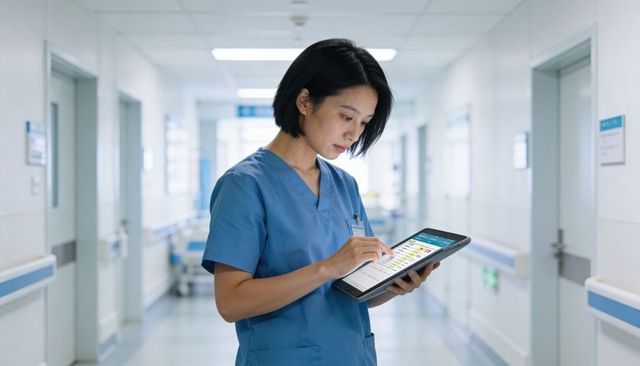 Nurse reviewing digital patient charts on tablet in modern hospital corridor